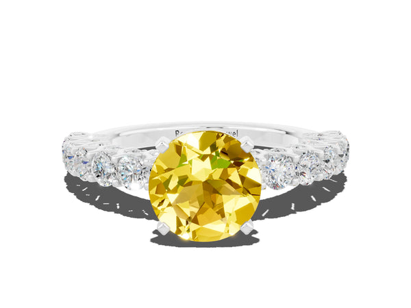 White gold Round Cut Yellow Sapphire Solitaire Ring with Shared Prong Pavé Band and Four-Prong Setting