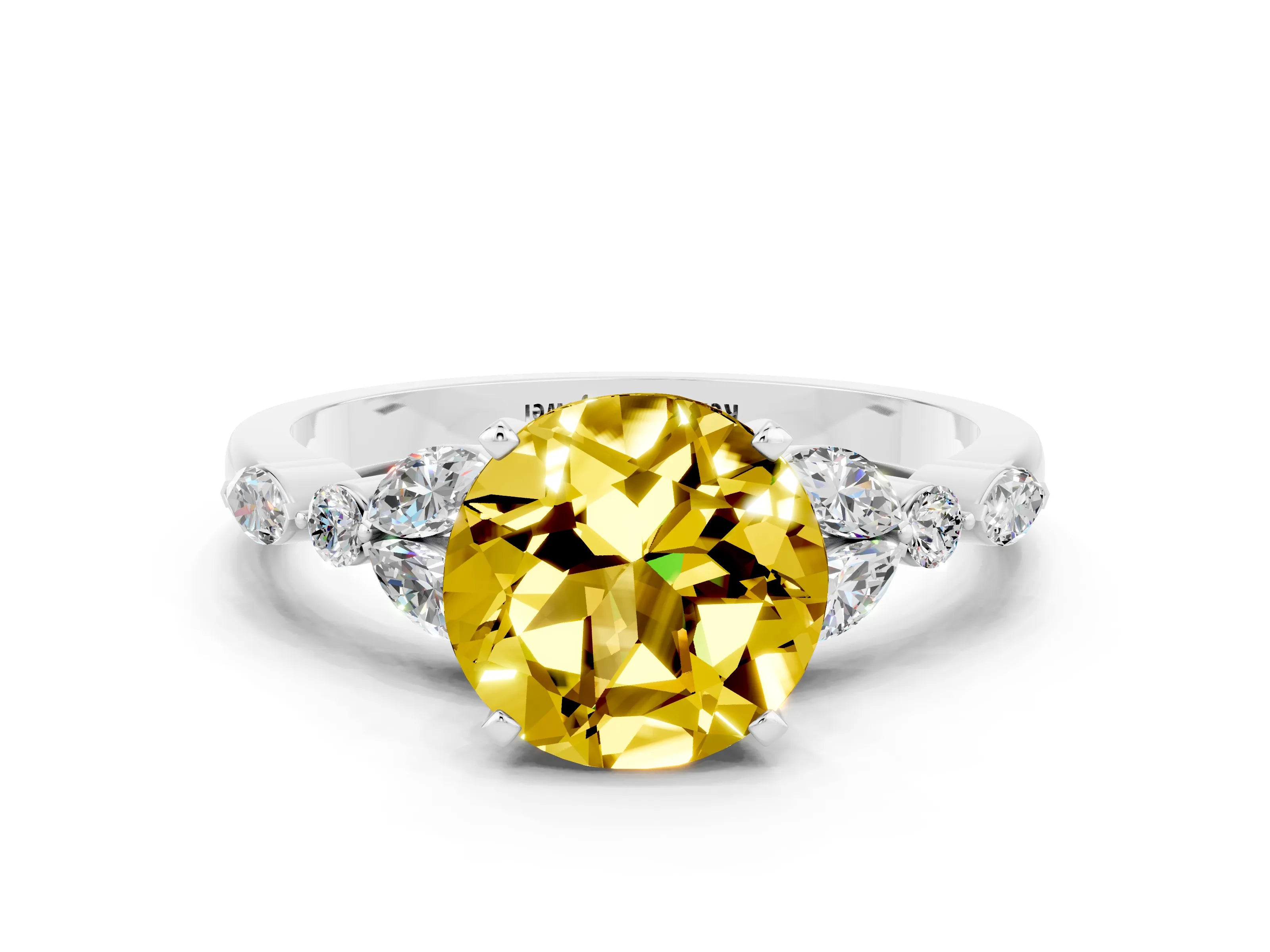 White gold Round Cut Yellow Sapphire Solitaire Ring with Side Stones and Four-Prong Setting_12