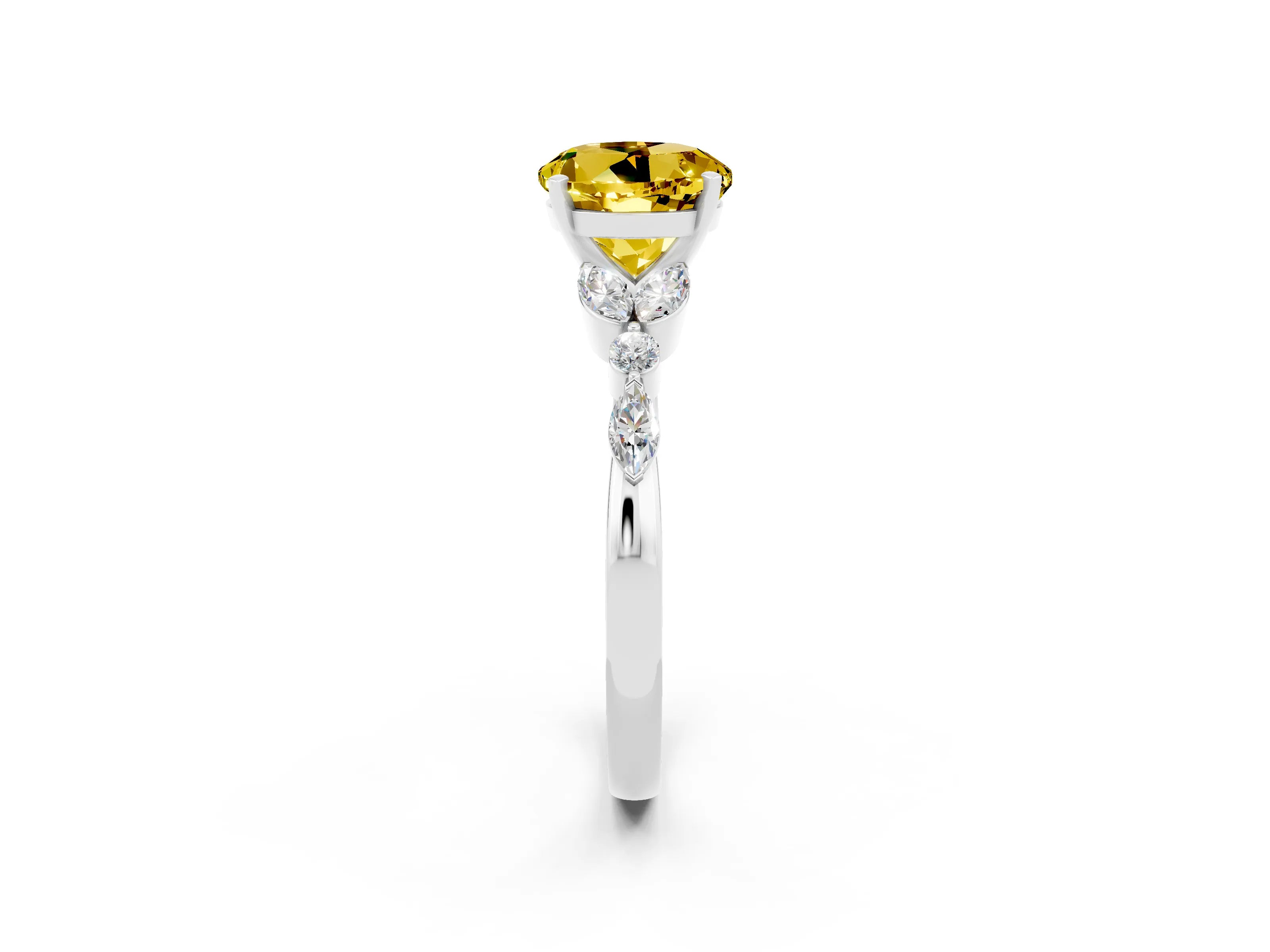 White gold Round Cut Yellow Sapphire Solitaire Ring with Side Stones and Four-Prong Setting_14