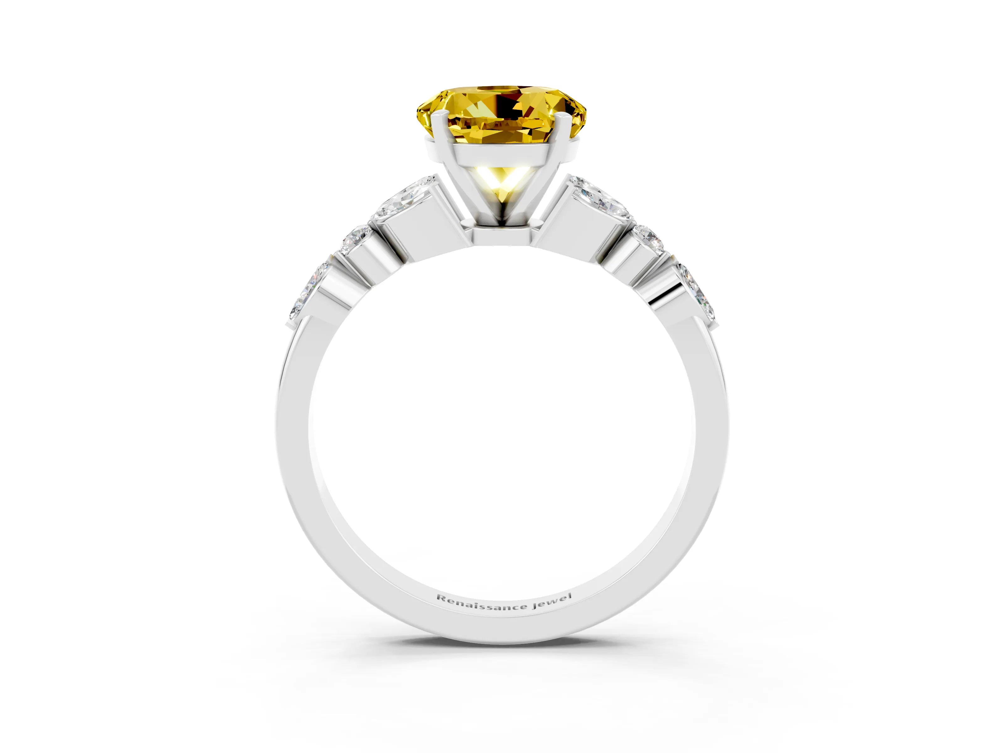 White gold Round Cut Yellow Sapphire Solitaire Ring with Side Stones and Four-Prong Setting_15