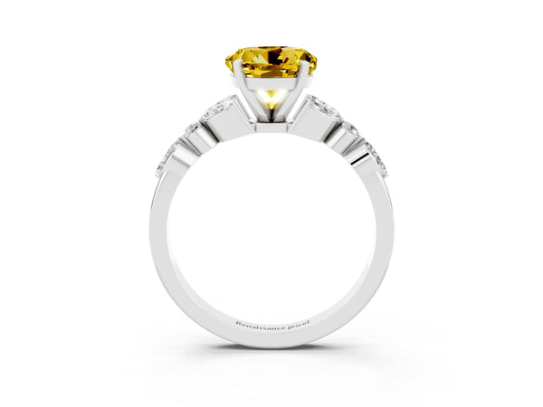 Silver Round Cut Yellow Sapphire Solitaire Ring with Side Stones and Four-Prong Setting