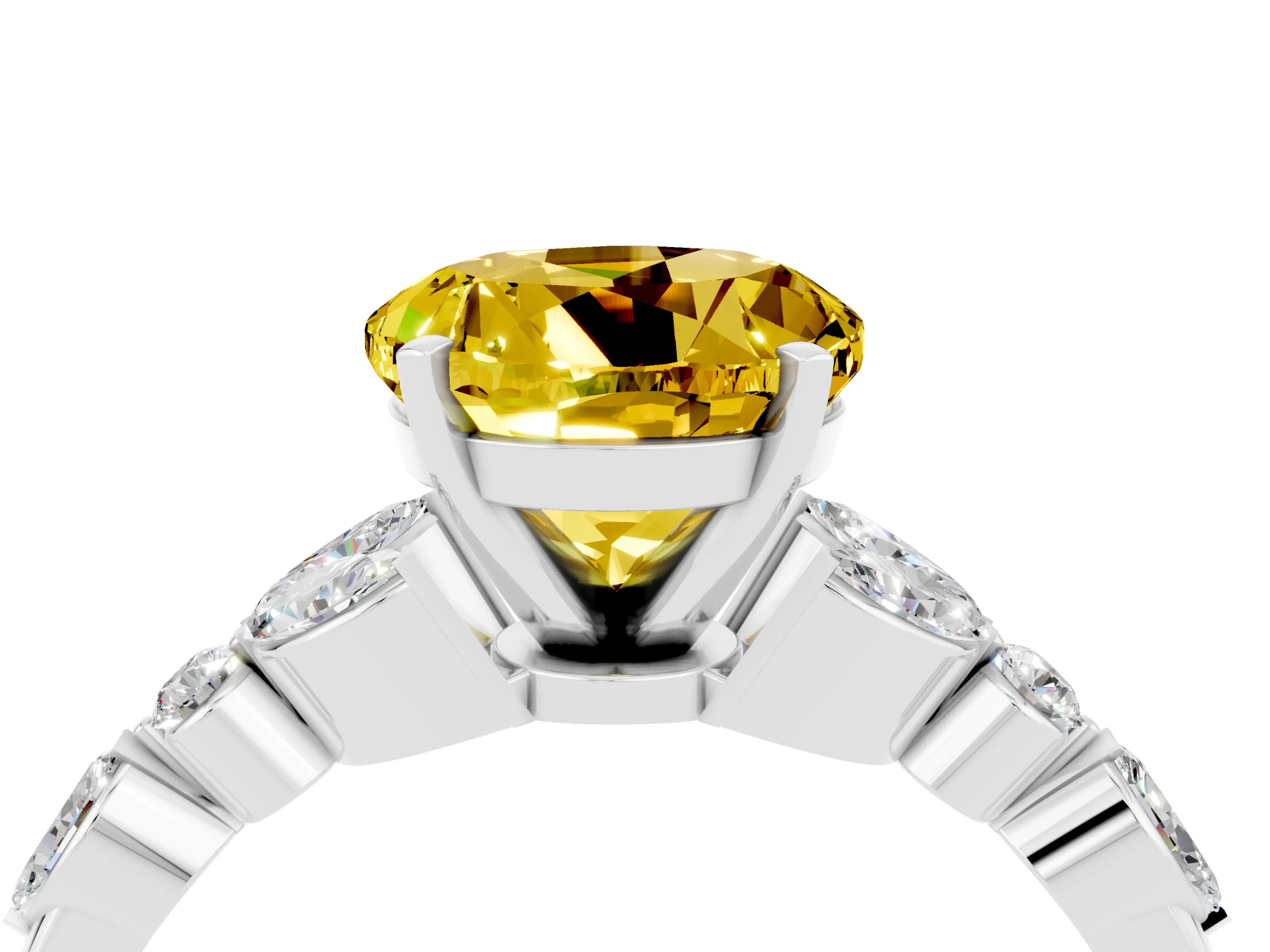 White gold Round Cut Yellow Sapphire Solitaire Ring with Side Stones and Four-Prong Setting_16