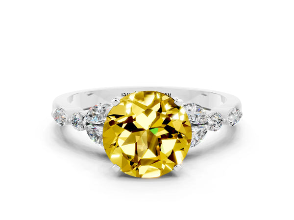 White gold Round Cut Yellow Sapphire Solitaire Ring with Side Stones and Four-Prong Setting