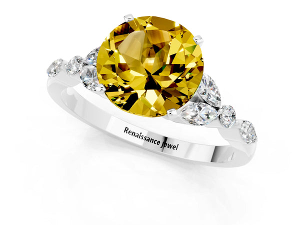 White gold Round Cut Yellow Sapphire Solitaire Ring with Side Stones and Four-Prong Setting