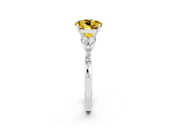 White gold Round Cut Yellow Sapphire Solitaire Ring with Side Stones and Four-Prong Setting