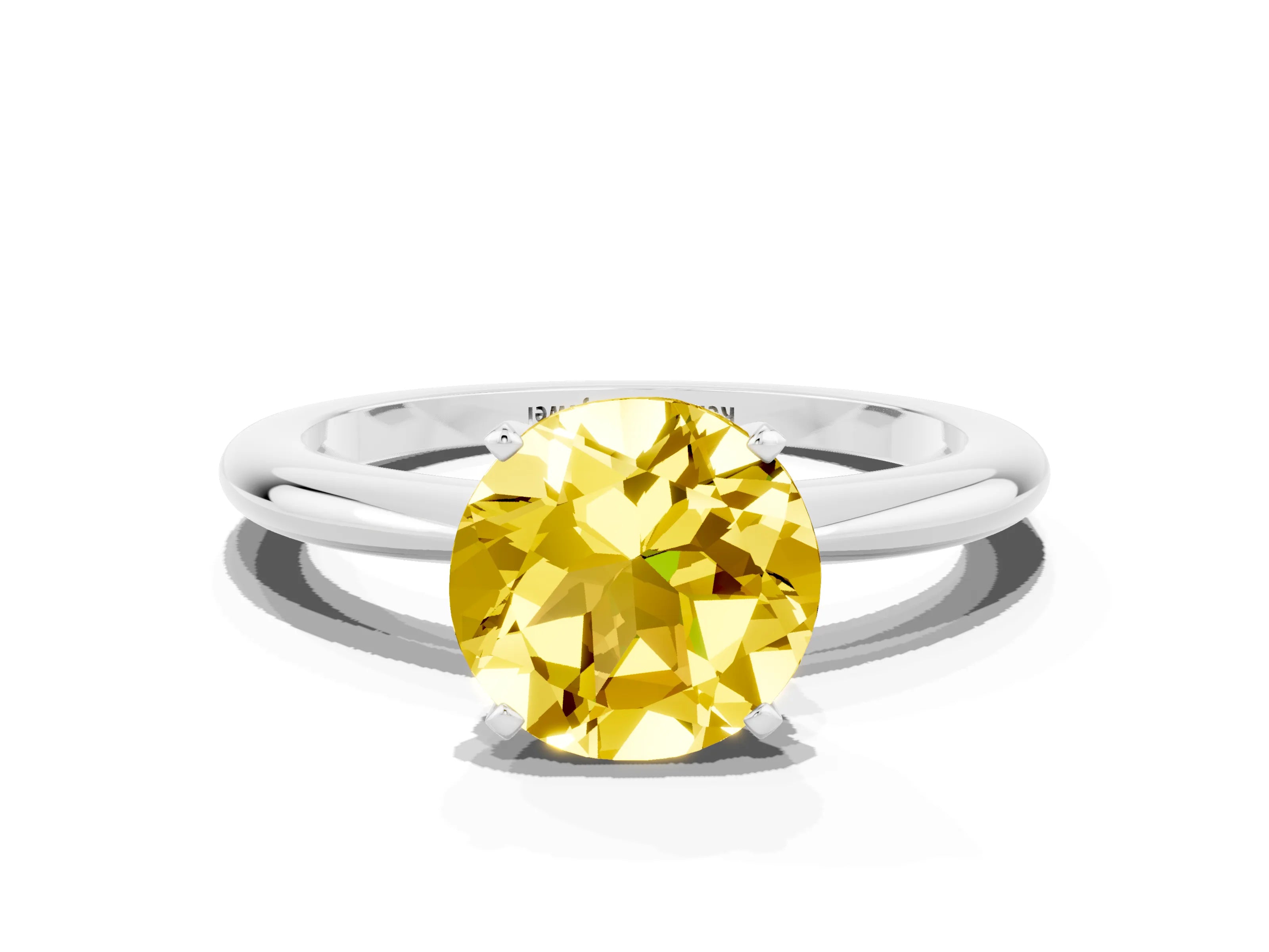 White gold Round Cut Yellow Sapphire Solitaire Ring with Six-Prong Setting and Classic Band