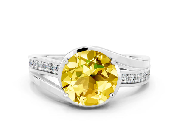 Platinum Round Cut Yellow Sapphire Solitaire Ring with Split Shank and Prong Setting