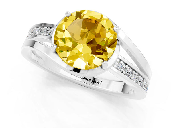 White gold Round Cut Yellow Sapphire Solitaire Ring with Split Shank and Prong Setting