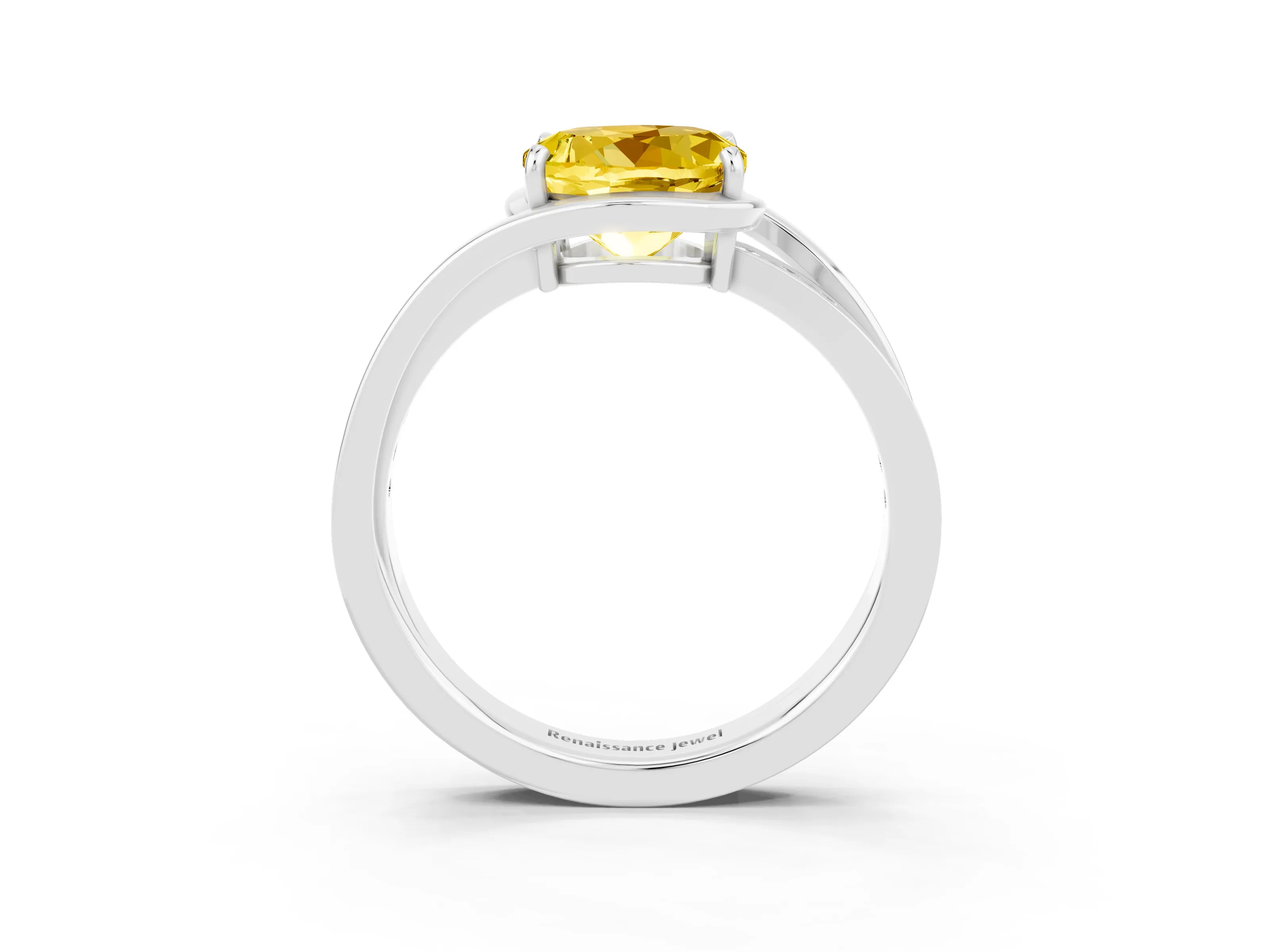 White gold Round Cut Yellow Sapphire Solitaire Ring with Split Shank and Prong Setting_3