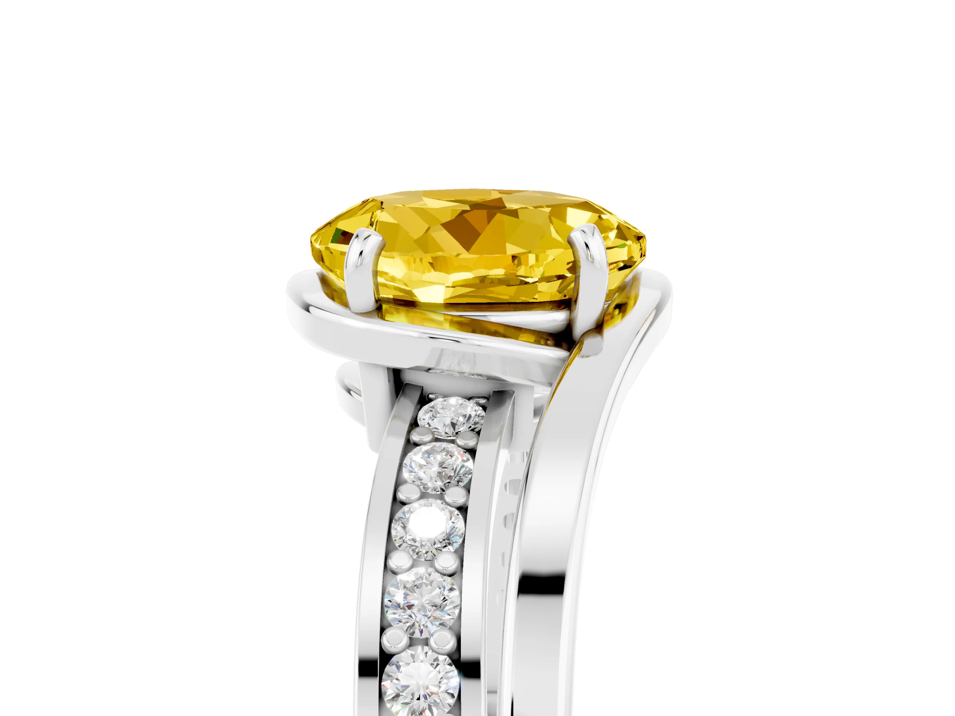 White gold Round Cut Yellow Sapphire Solitaire Ring with Split Shank and Prong Setting_5