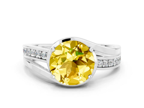 White gold Round Cut Yellow Sapphire Solitaire Ring with Split Shank and Prong Setting