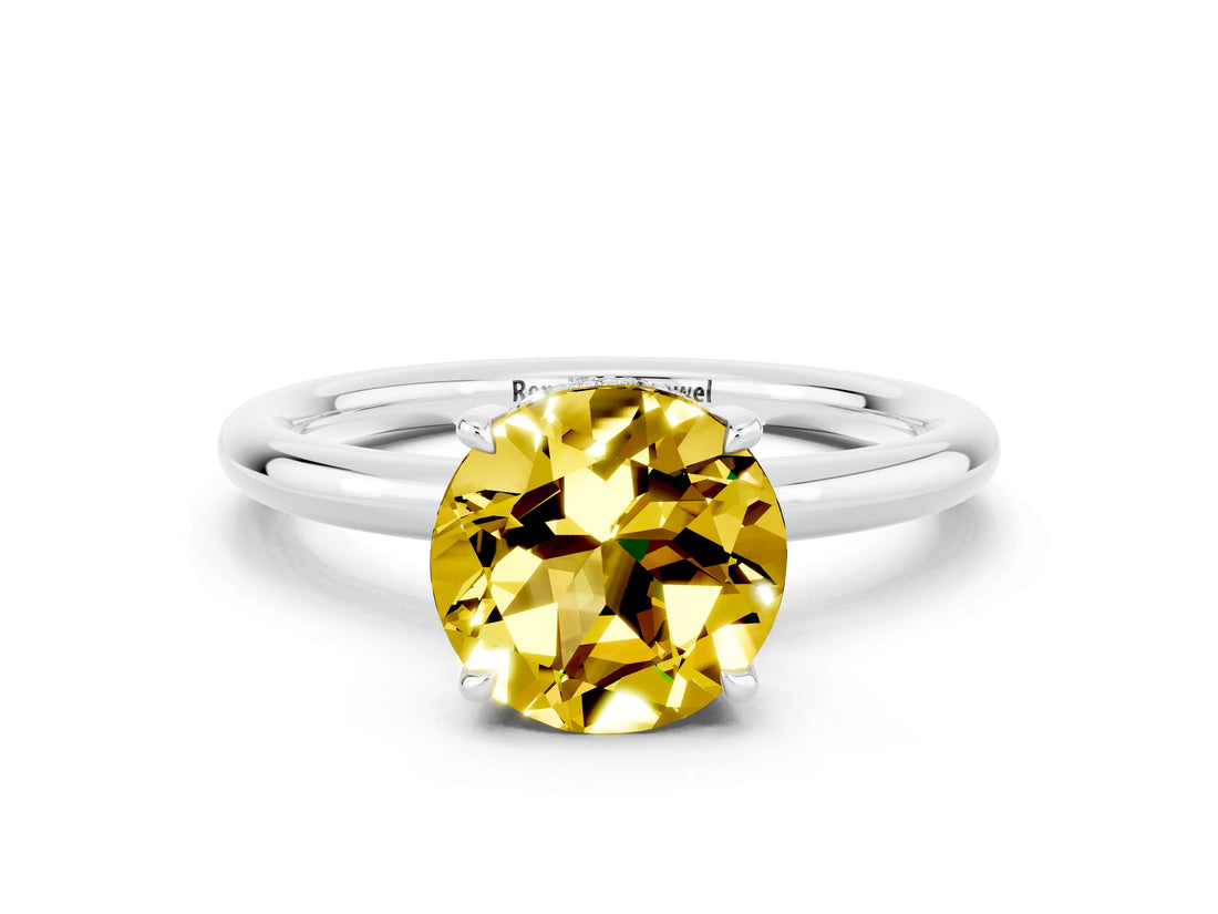 White gold Round Cut Yellow Sapphire Solitaire Ring with Thin Band and Four-Prong Setting_36
