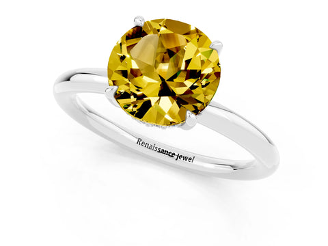 White gold Round Cut Yellow Sapphire Solitaire Ring with Thin Band and Four-Prong Setting_37