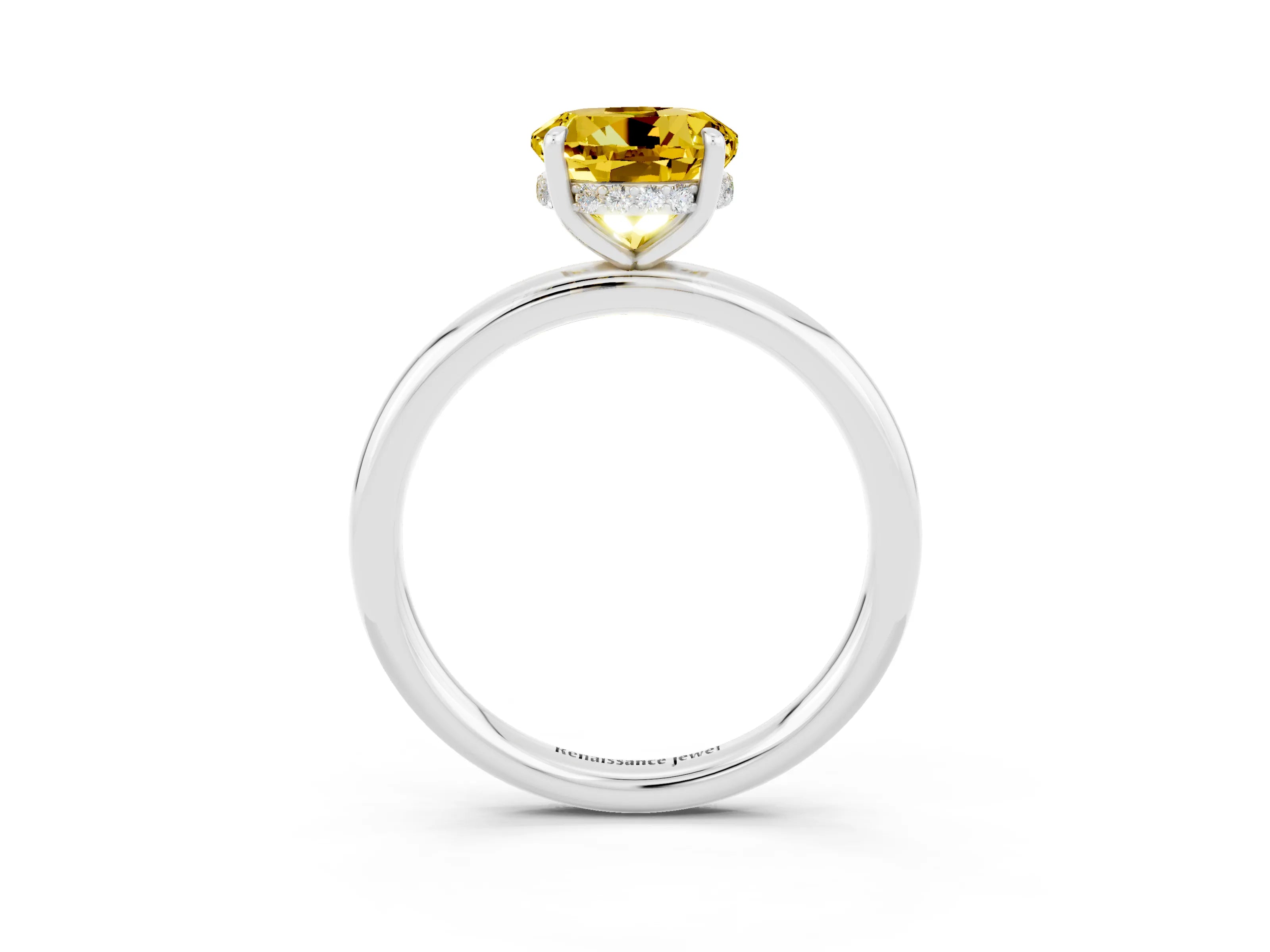 White gold Round Cut Yellow Sapphire Solitaire Ring with Thin Band and Four-Prong Setting_39