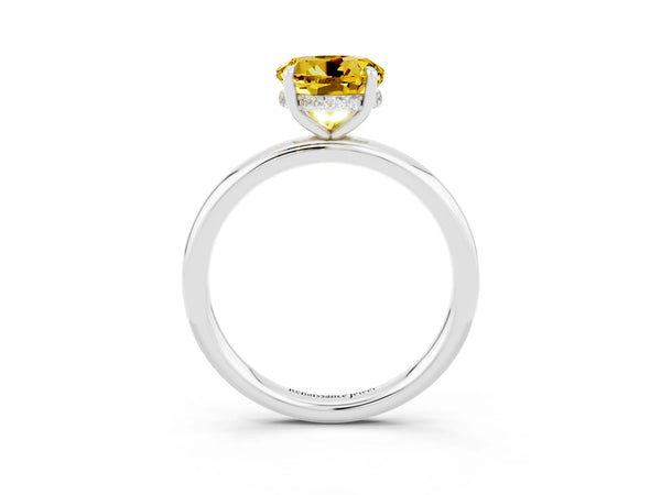 White gold Round Cut Yellow Sapphire Solitaire Ring with Thin Band and Four-Prong Setting