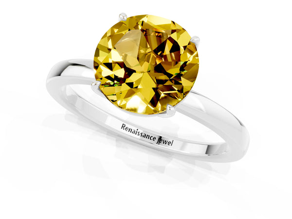 Silver Round Cut Yellow Sapphire Solitaire Ring with Thin Band and Prong Setting