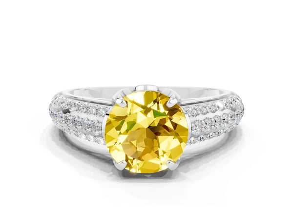 White gold Round Cut Yellow Sapphire Solitaire Ring with Three-Row Pavé Band and Four-Prong Setting