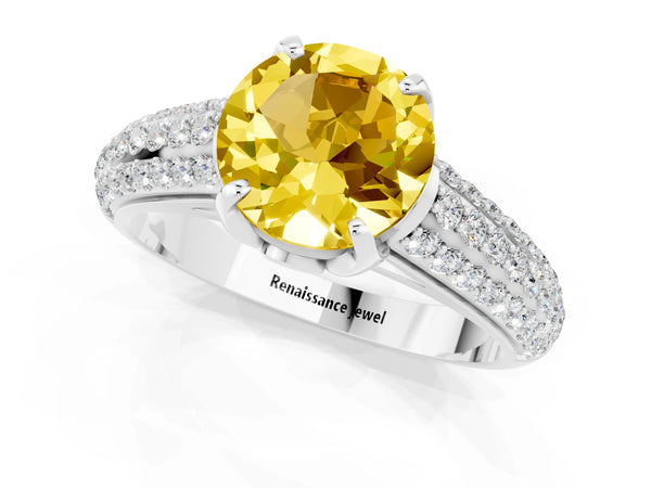 Silver Round Cut Yellow Sapphire Solitaire Ring with Three-Row Pavé Band and Four-Prong Setting