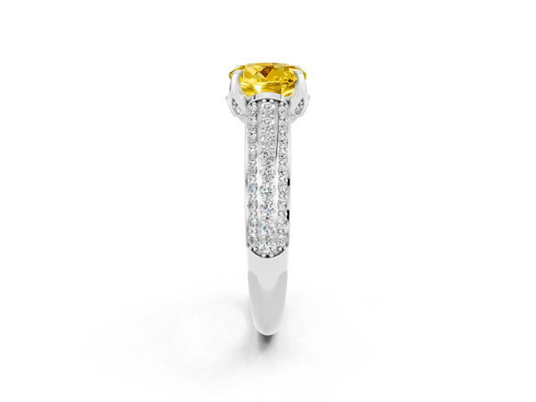 Platinum Round Cut Yellow Sapphire Solitaire Ring with Three-Row Pavé Band and Four-Prong Setting