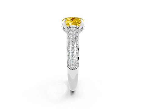 White gold Round Cut Yellow Sapphire Solitaire Ring with Three-Row Pavé Band and Four-Prong Setting_14