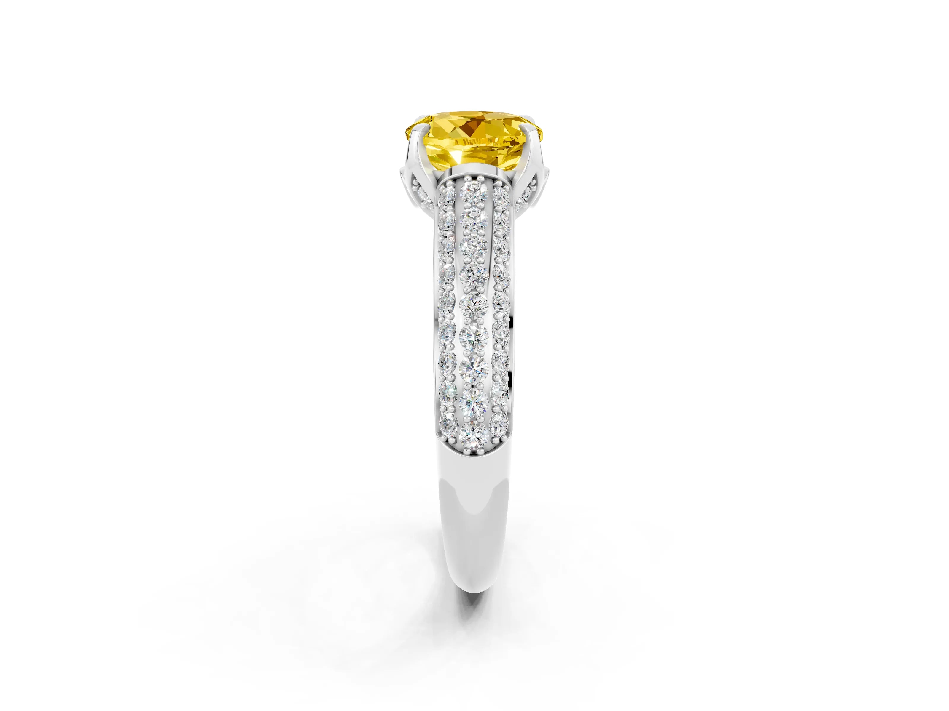White gold Round Cut Yellow Sapphire Solitaire Ring with Three-Row Pavé Band and Four-Prong Setting_14