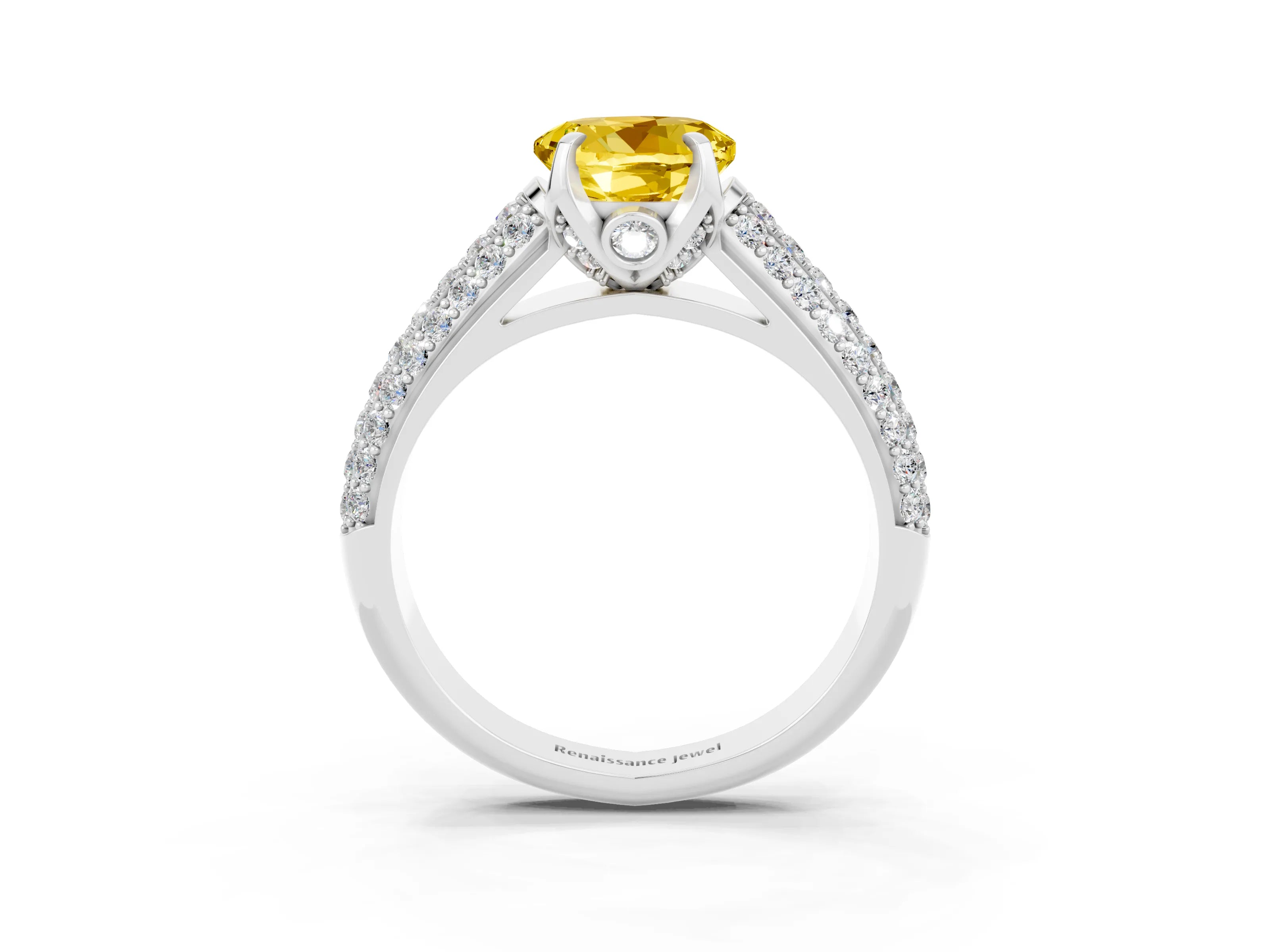 White gold Round Cut Yellow Sapphire Solitaire Ring with Three-Row Pavé Band and Four-Prong Setting_15