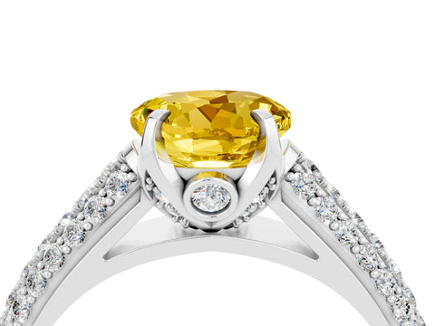 White gold Round Cut Yellow Sapphire Solitaire Ring with Three-Row Pavé Band and Four-Prong Setting_16