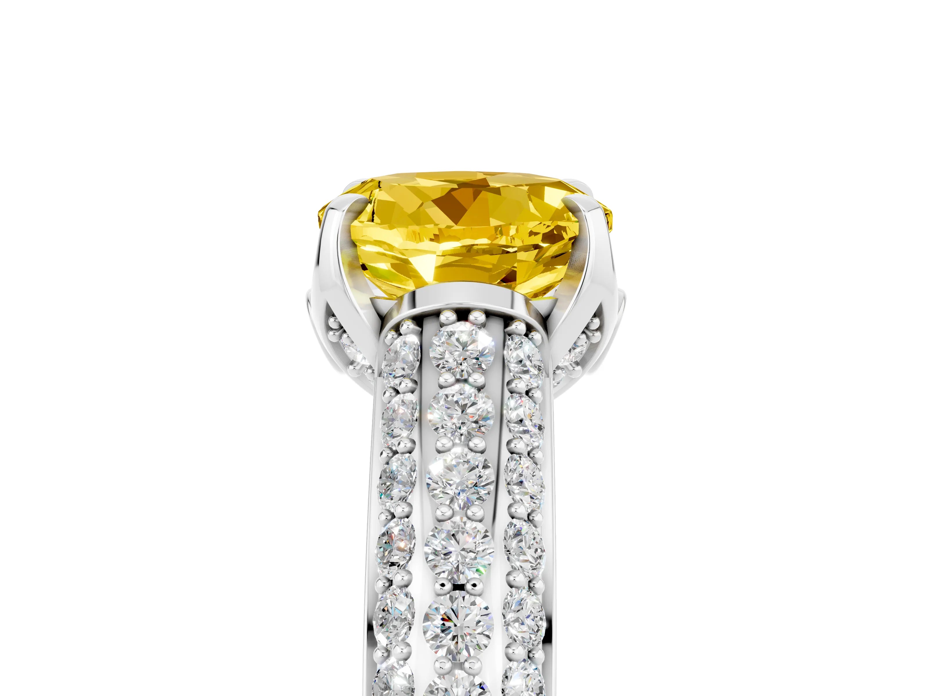 White gold Round Cut Yellow Sapphire Solitaire Ring with Three-Row Pavé Band and Four-Prong Setting_17