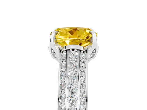 White gold Round Cut Yellow Sapphire Solitaire Ring with Three-Row Pavé Band and Four-Prong Setting_17