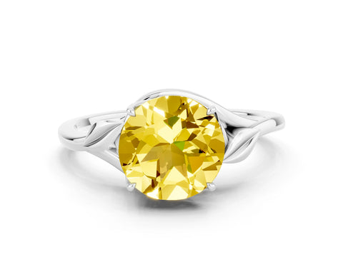 White gold Round Cut Yellow Sapphire Solitaire Ring with Twist Band and Four-Prong Setting_12