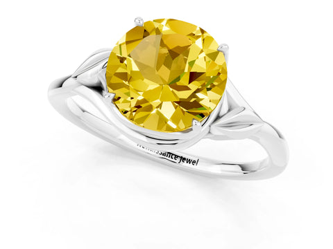 White gold Round Cut Yellow Sapphire Solitaire Ring with Twist Band and Four-Prong Setting_13