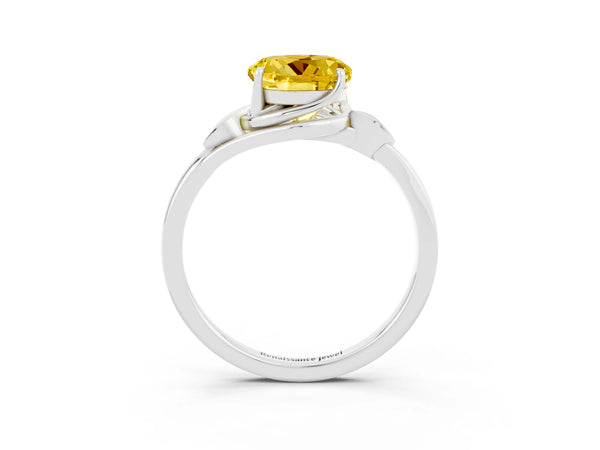 Platinum Round Cut Yellow Sapphire Solitaire Ring with Twist Band and Four-Prong Setting