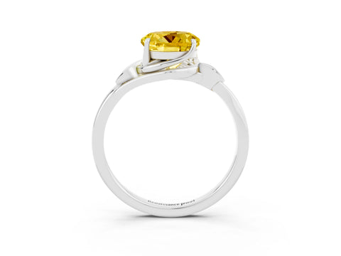 White gold Round Cut Yellow Sapphire Solitaire Ring with Twist Band and Four-Prong Setting_15