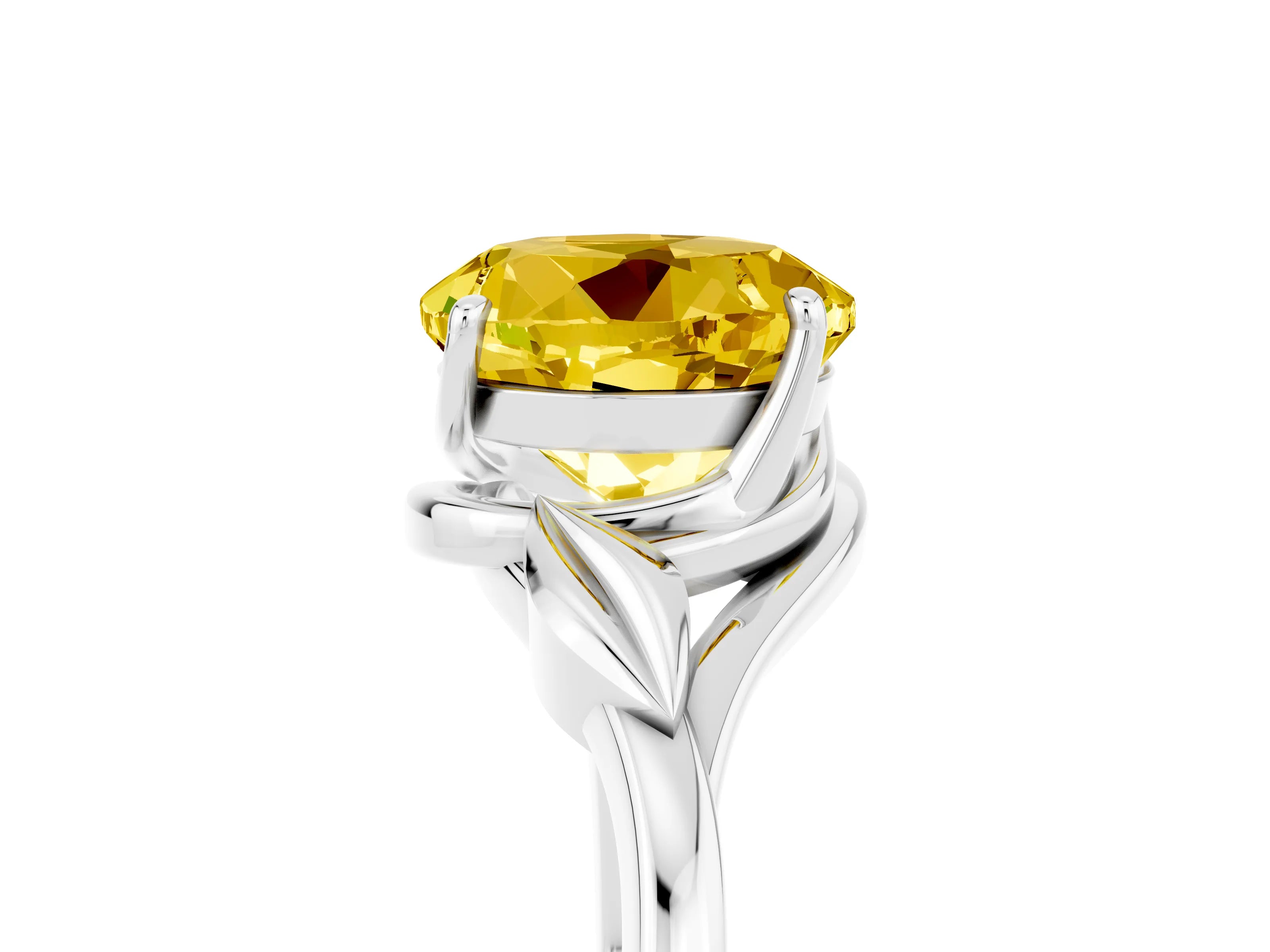 White gold Round Cut Yellow Sapphire Solitaire Ring with Twist Band and Four-Prong Setting_17