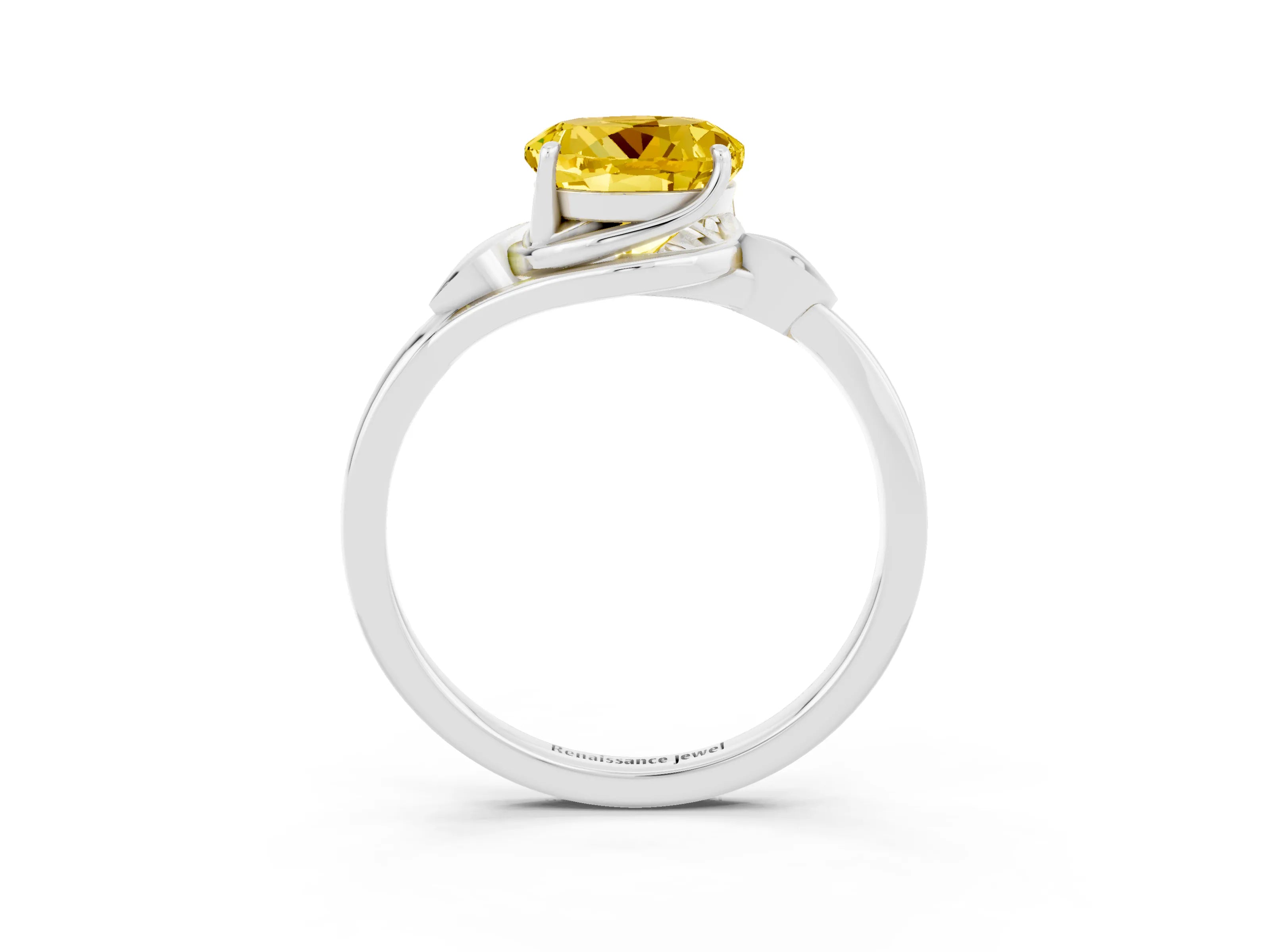 White gold Round Cut Yellow Sapphire Solitaire Ring with Twist Band and Four-Prong Setting_39