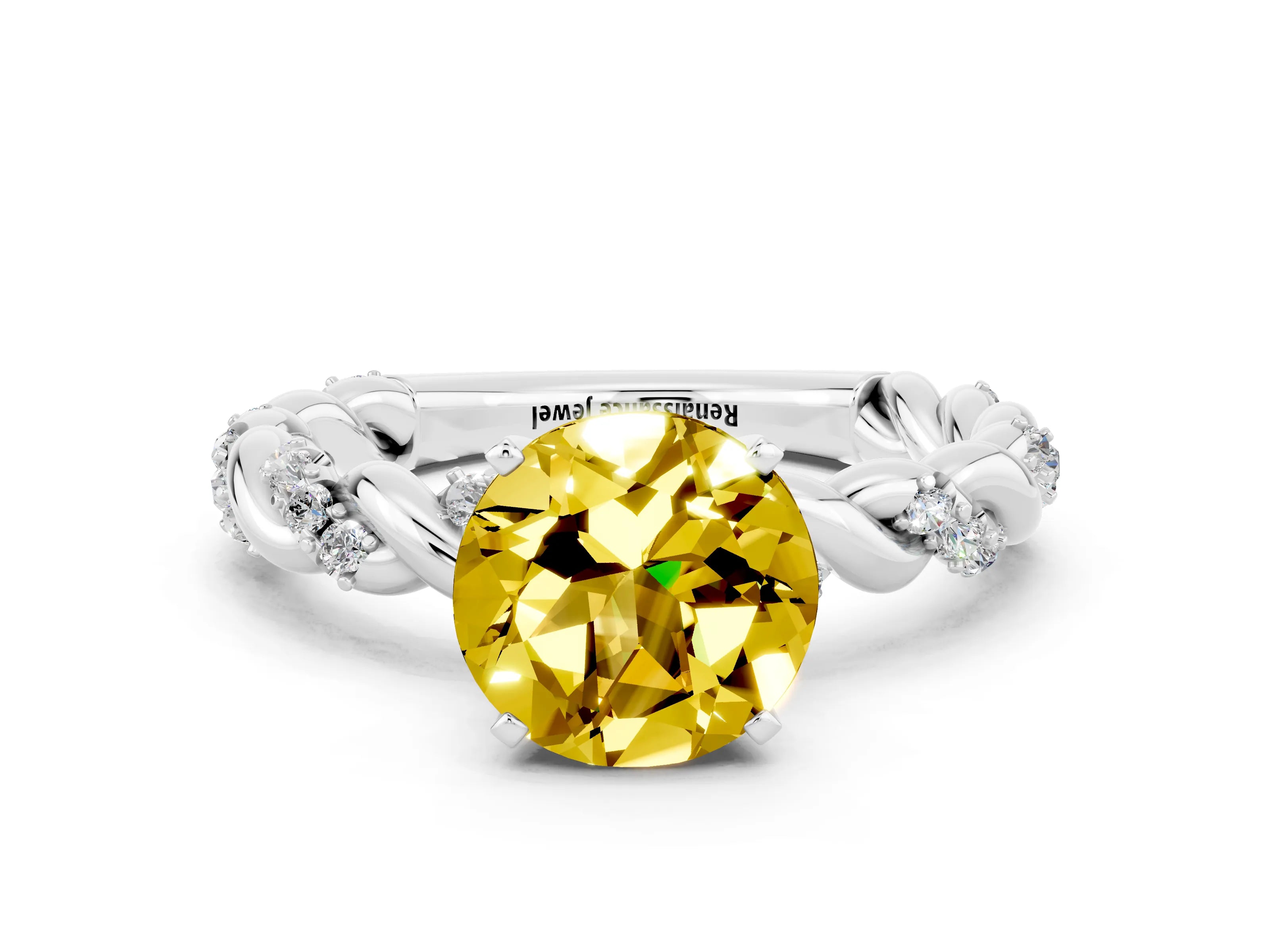 White gold Round Cut Yellow Sapphire Solitaire Ring with Twisted Band and Pavé Accents