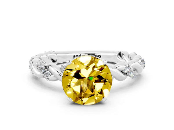Platinum Round Cut Yellow Sapphire Solitaire Ring with Twisted Band and Pavé Accents
