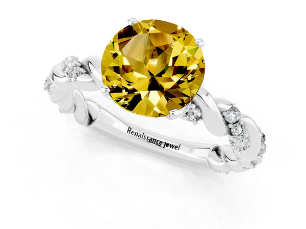 Silver Round Cut Yellow Sapphire Solitaire Ring with Twisted Band and Pavé Accents