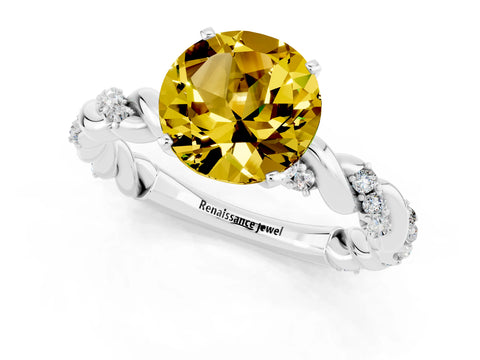 White gold Round Cut Yellow Sapphire Solitaire Ring with Twisted Band and Pavé Accents_1