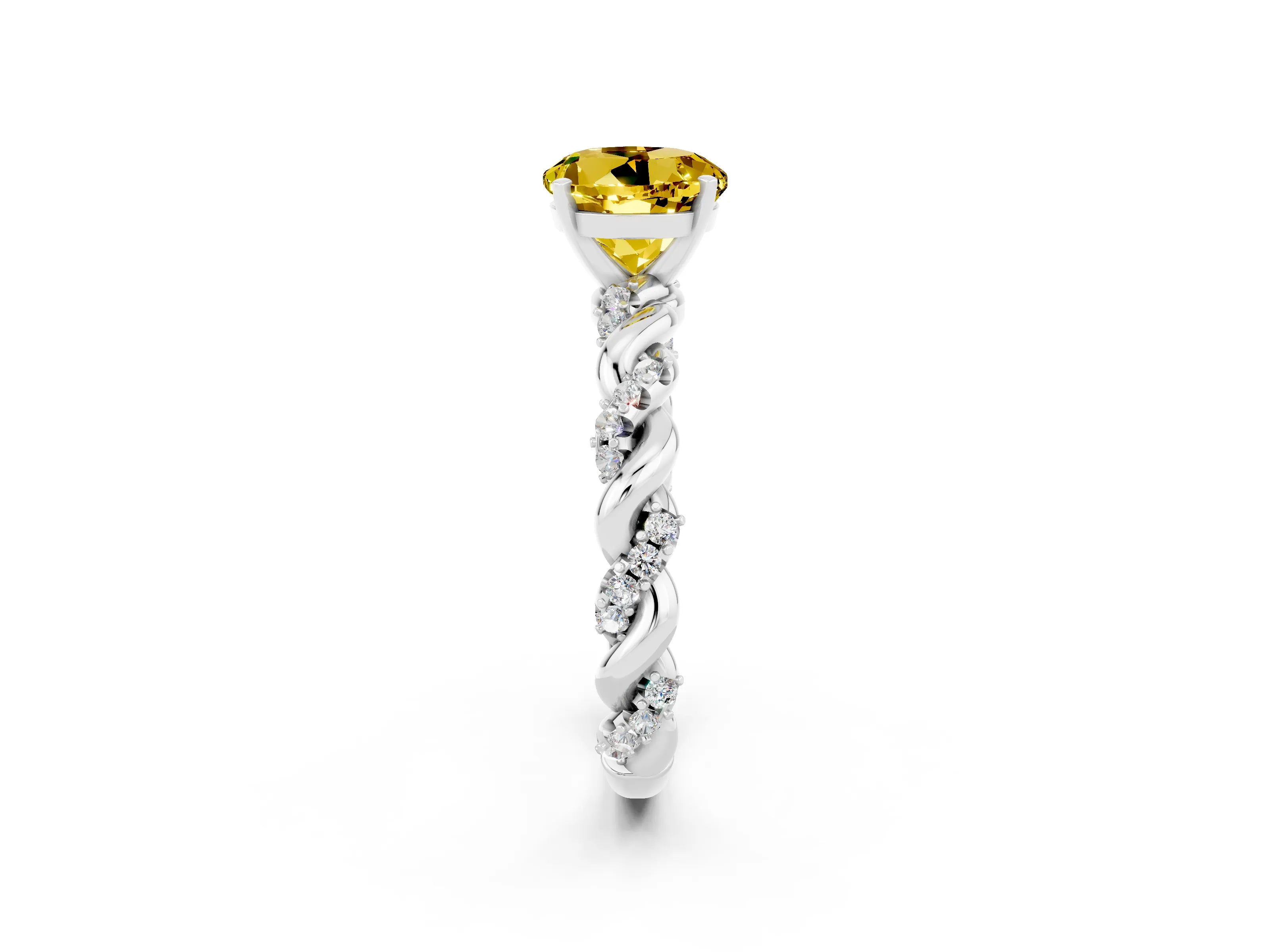 White gold Round Cut Yellow Sapphire Solitaire Ring with Twisted Band and Pavé Accents_2