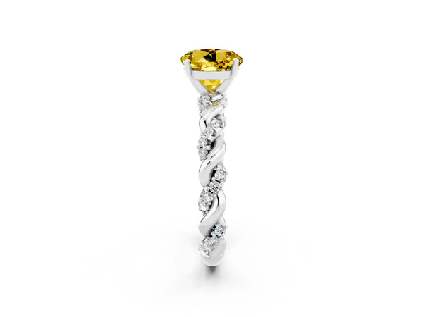 White gold Round Cut Yellow Sapphire Solitaire Ring with Twisted Band and Pavé Accents