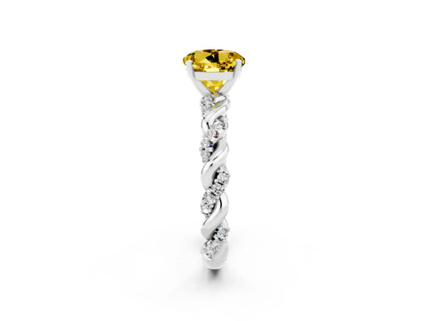 White gold Round Cut Yellow Sapphire Solitaire Ring with Twisted Band and Pavé Accents_2