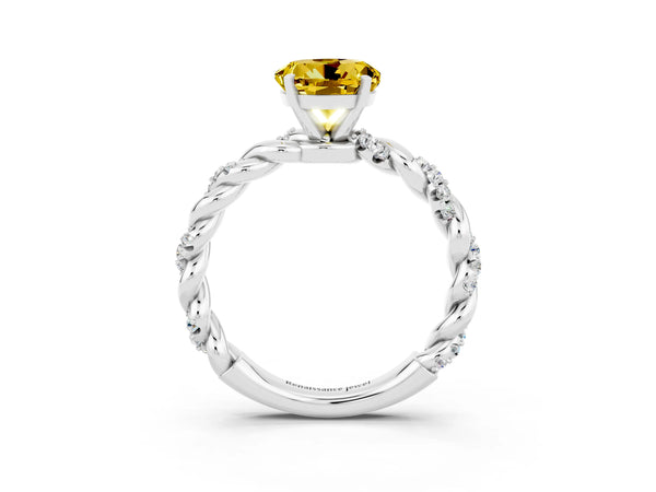 Silver Round Cut Yellow Sapphire Solitaire Ring with Twisted Band and Pavé Accents