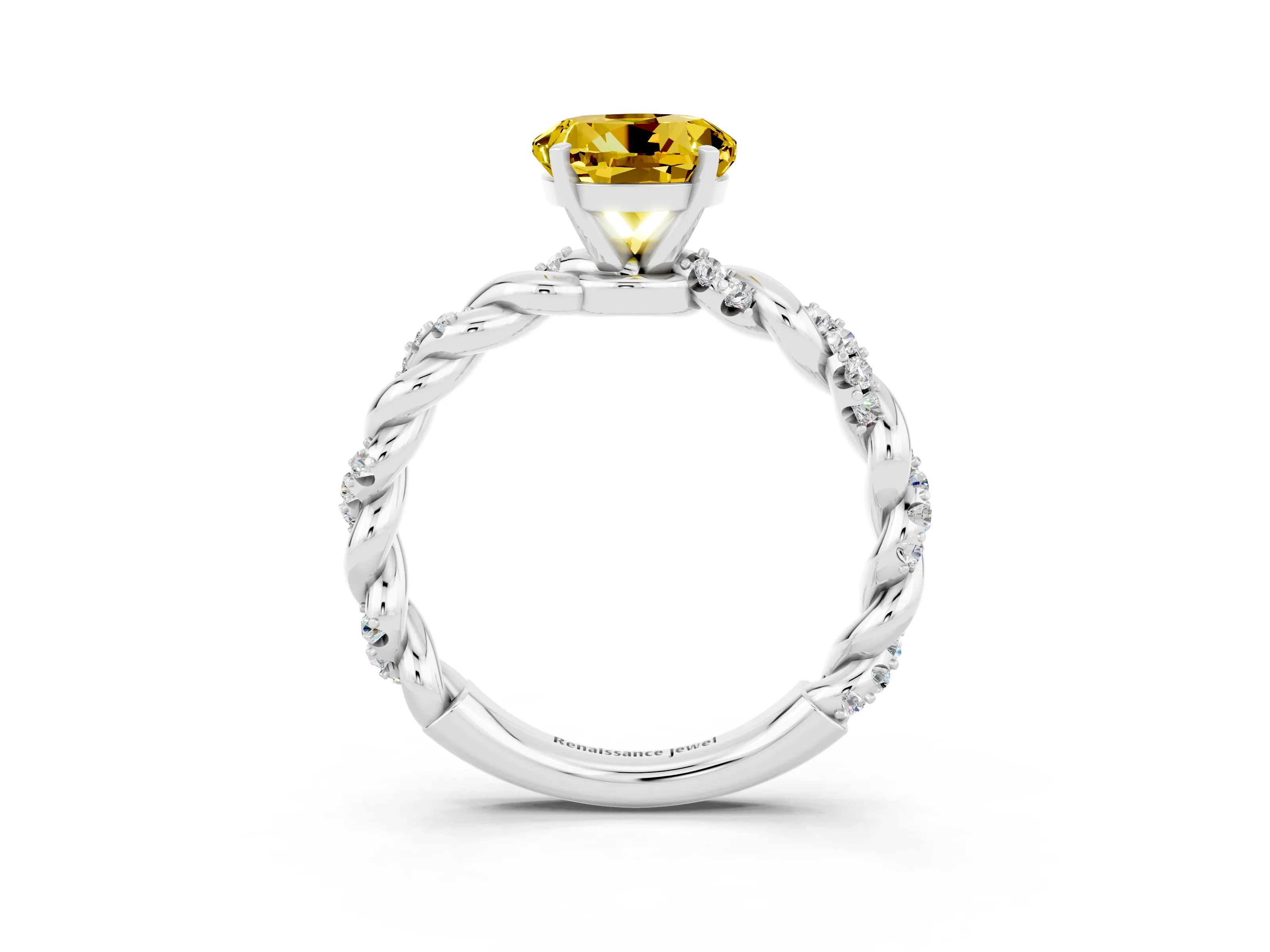 White gold Round Cut Yellow Sapphire Solitaire Ring with Twisted Band and Pavé Accents_3