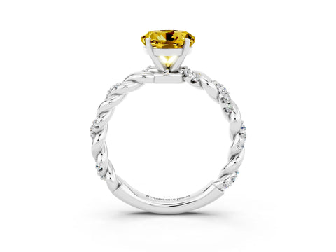 White gold Round Cut Yellow Sapphire Solitaire Ring with Twisted Band and Pavé Accents_3