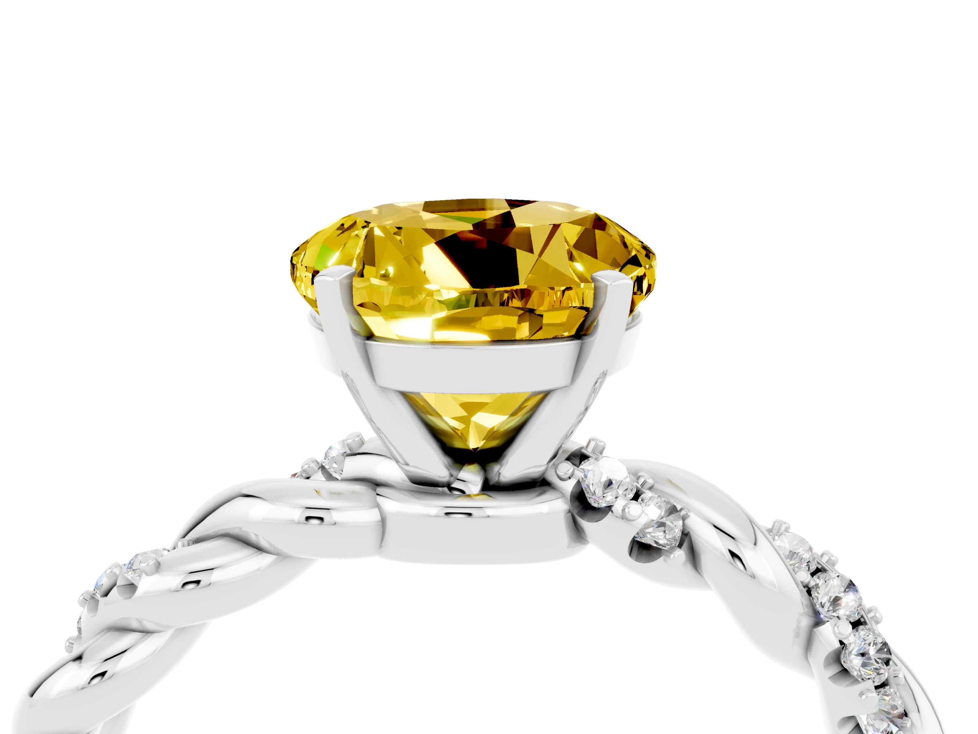 White gold Round Cut Yellow Sapphire Solitaire Ring with Twisted Band and Pavé Accents_4