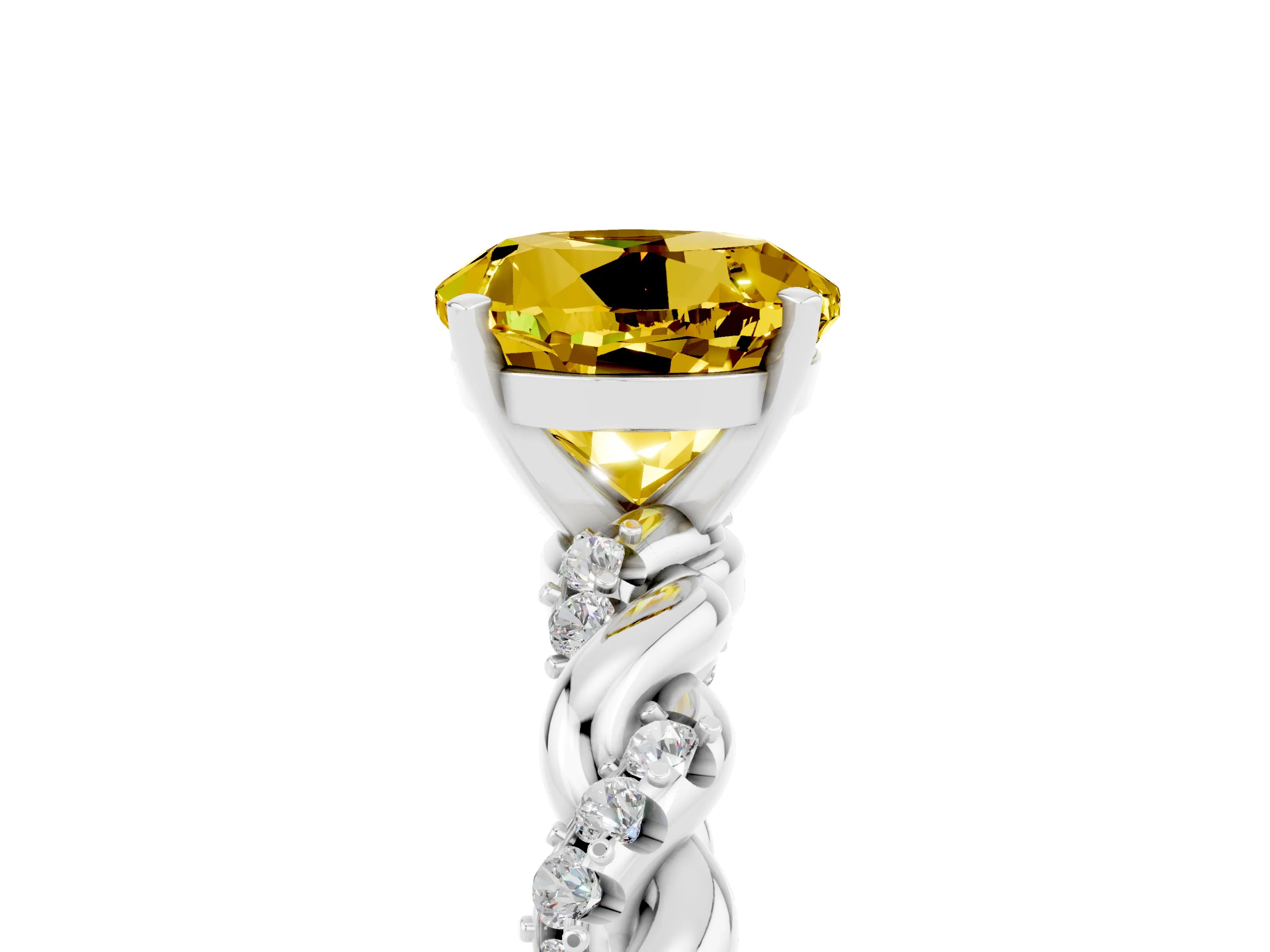 White gold Round Cut Yellow Sapphire Solitaire Ring with Twisted Band and Pavé Accents_5