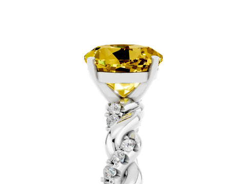 White gold Round Cut Yellow Sapphire Solitaire Ring with Twisted Band and Pavé Accents_5
