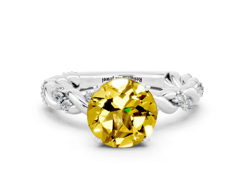 White gold Round Cut Yellow Sapphire Solitaire Ring with Twisted Band and Pavé Accents