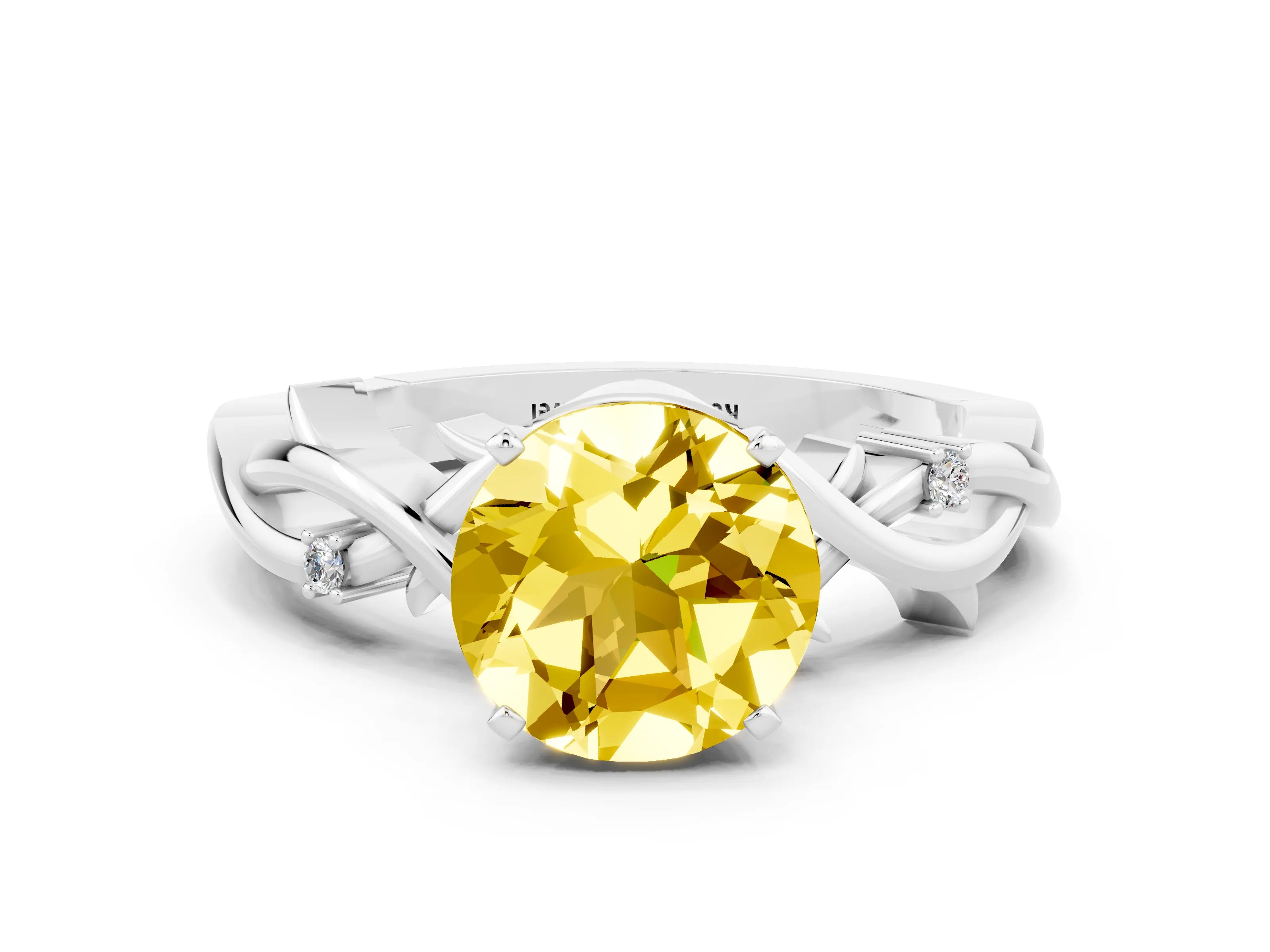 White gold Round Cut Yellow Sapphire Solitaire Ring with Twisted Band and Prong Setting_12